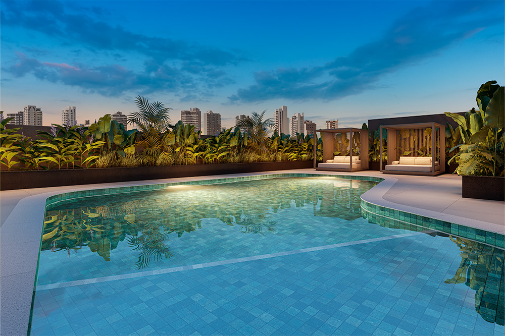 Piscina externa do Summit, um empreendimento da A.Yoshii no Batel em Curitiba